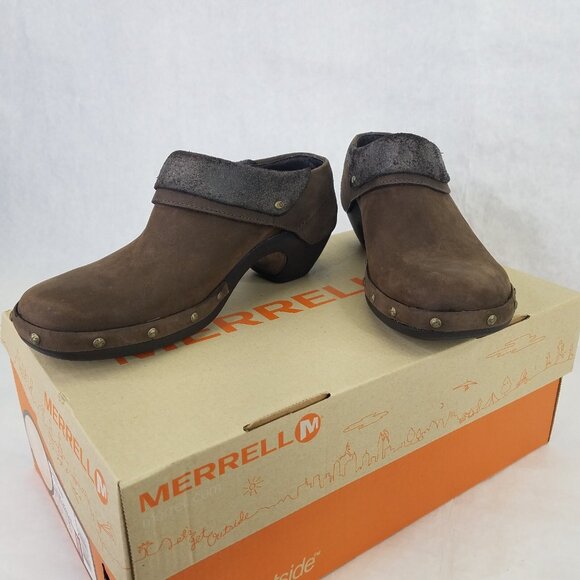 Merrell Luxe Wrap Mule Women's 6 Brown Suede Leather Clog Metal Rivets Cone Heel - Picture 2 of 16